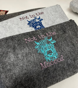 Not in the Mooood Highland Cow Embroidered Felt Zipper Pouch