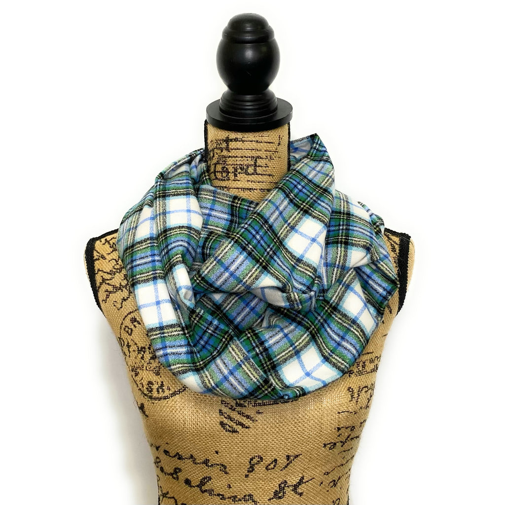 Shades of Blue and Green on White 100% Organic Cotton Plaid Infinity and Blanket Scarves