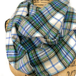 Shades of Blue and Green on White 100% Organic Cotton Plaid Infinity and Blanket Scarves