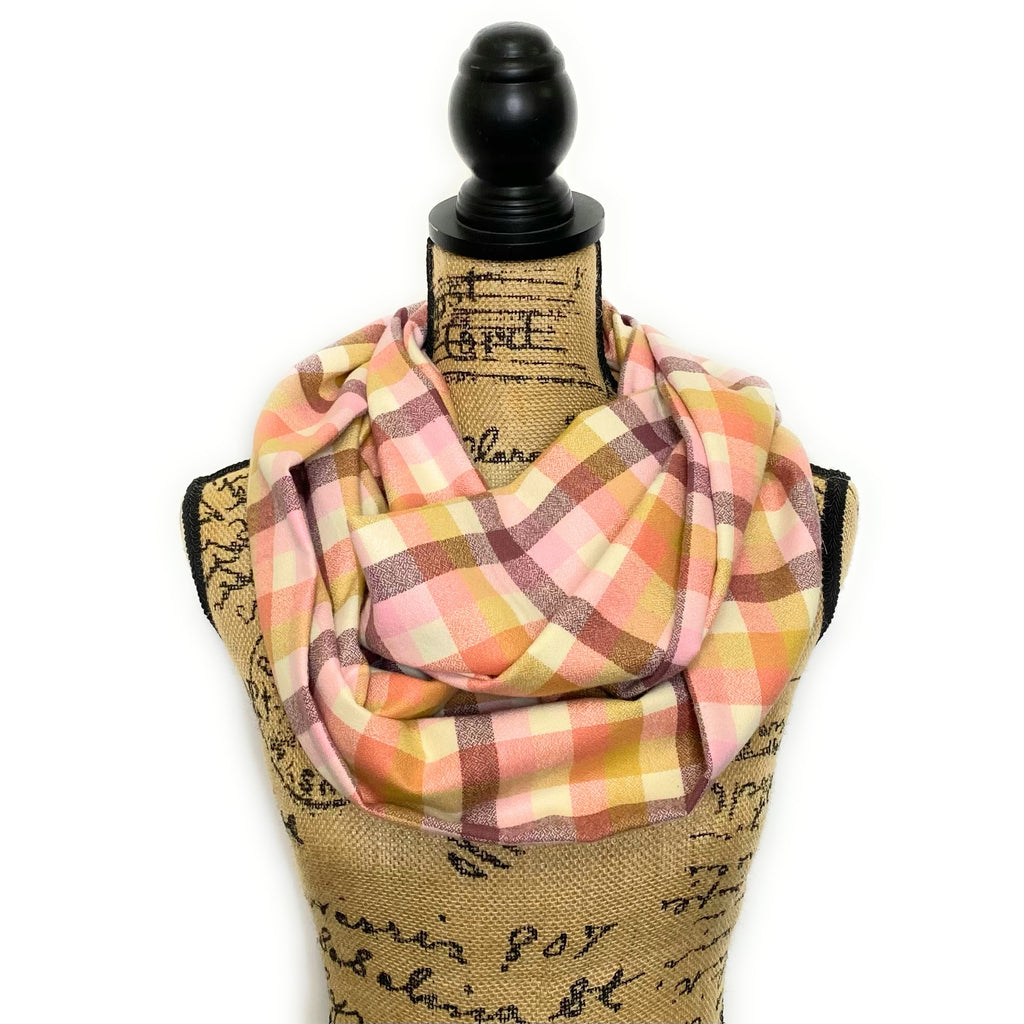 Neapolitan Shades of Cream, Pink, and Chocolatey Taupe and Deep Maroon 100% Organic Cotton Plaid Infinity and Blanket Scarves