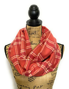 100% Organic Cotton Shades of Strawberry Pink and Cream Plaid Infinity and Blanket Scarves