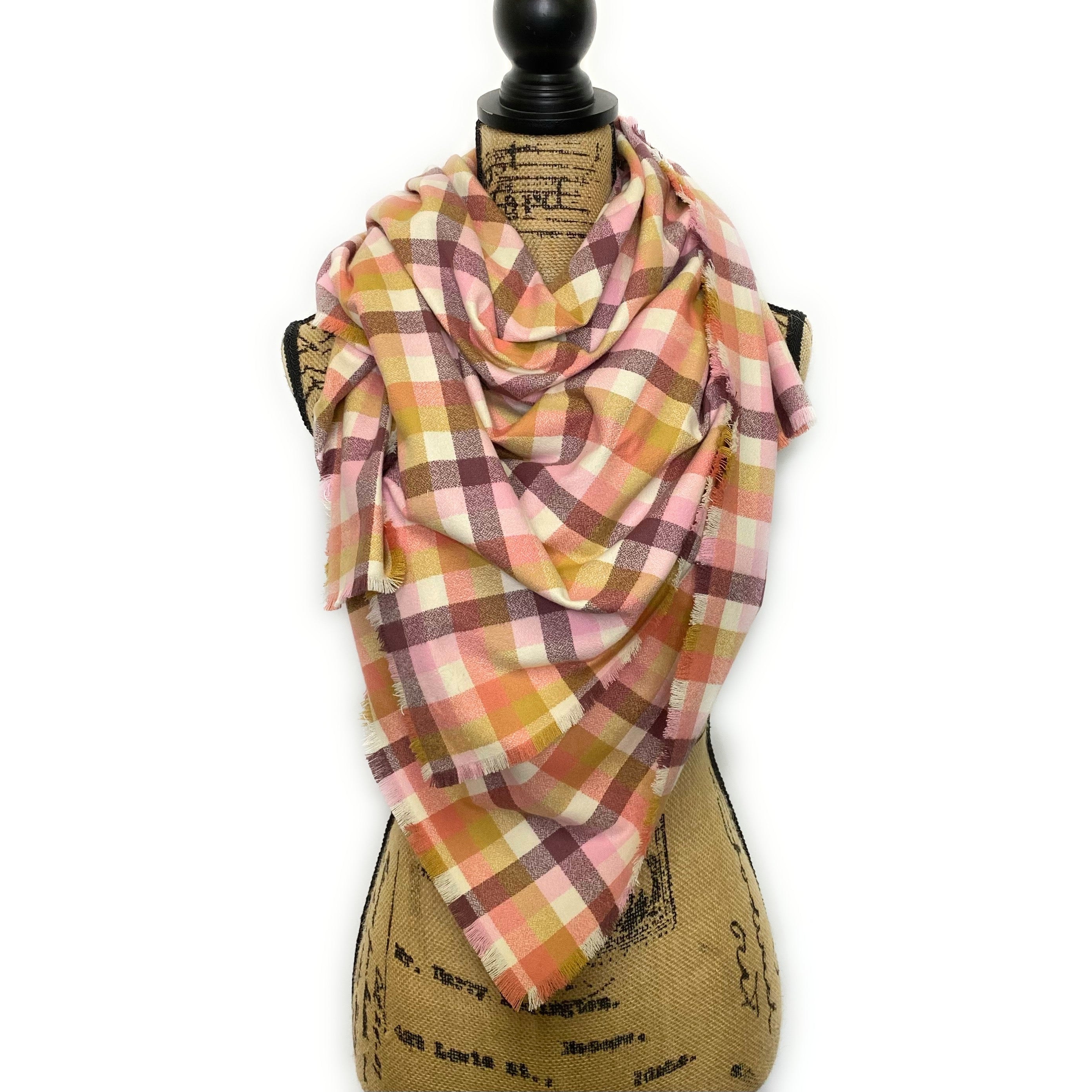 Neapolitan Shades of Cream, Pink, and Chocolatey Taupe and Deep Maroon 100% Organic Cotton Plaid Infinity and Blanket Scarves