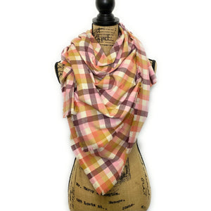Neapolitan Shades of Cream, Pink, and Chocolatey Taupe and Deep Maroon 100% Organic Cotton Plaid Infinity and Blanket Scarves