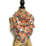 100% Organic Cotton Dusty Peach, Coral and Blue Block Plaid Infinity and Blanket Scarves