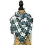 100% Organic Cotton Shades of Blue of Green on White Plaid Infinity and Blanket Scarves