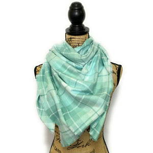 100% Organic Cotton Light Aqua and Minty Green Plaid Infinity and Blanket Scarves