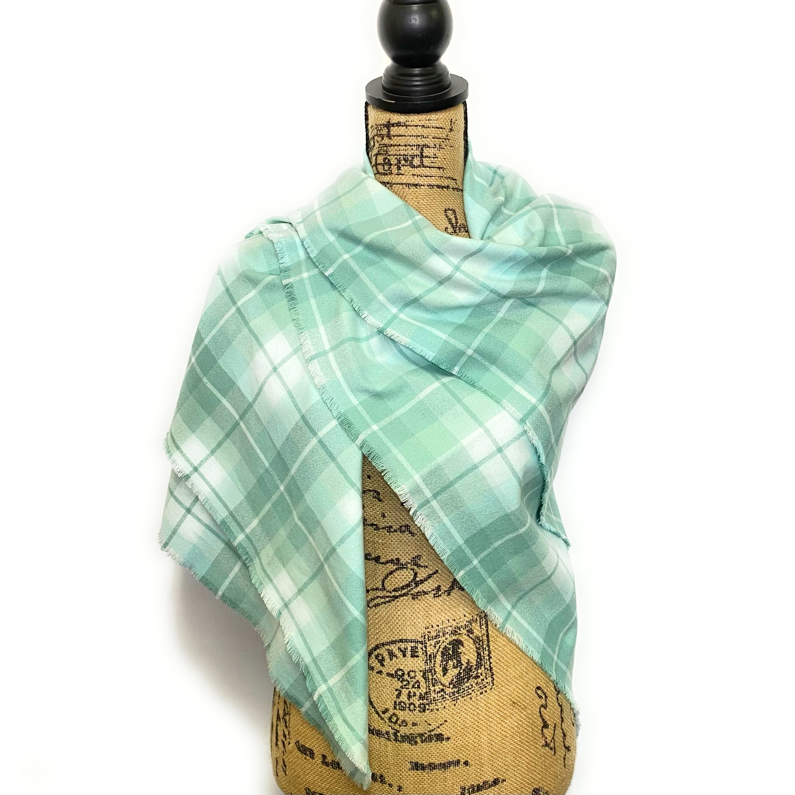 100% Organic Cotton Light Aqua and Minty Green Plaid Infinity and Blanket Scarves