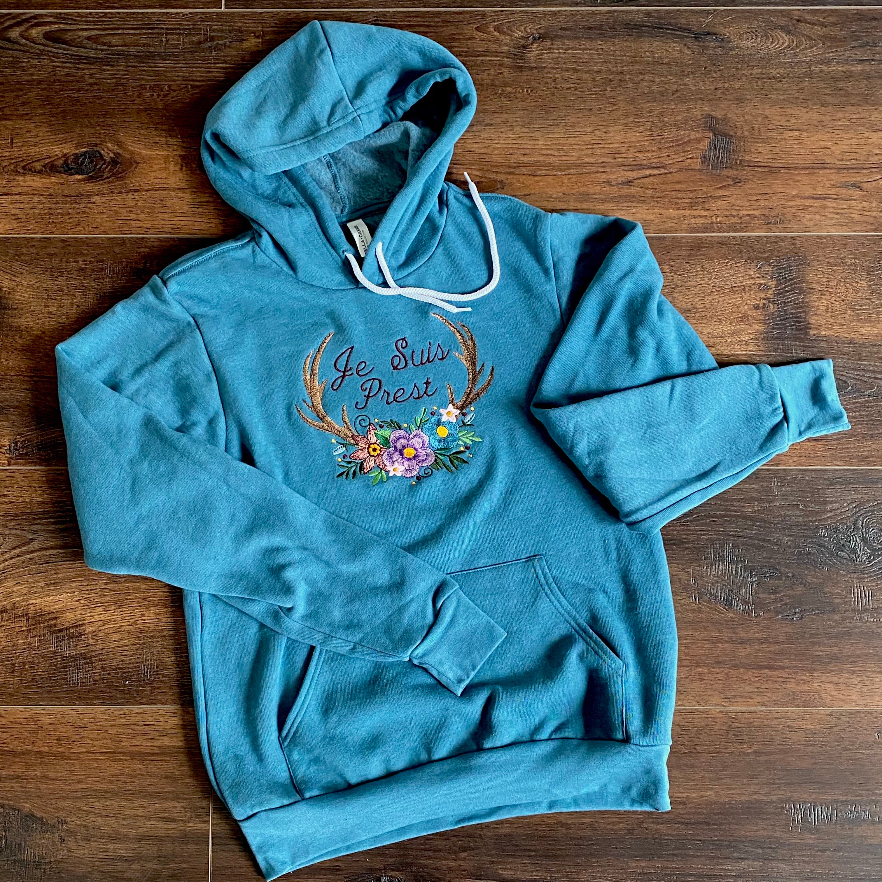 Je Suis Prest Floral Antler Embroidered Soft Fleece Unisex Sweatshirt Hoodie - Outlander Inspiration