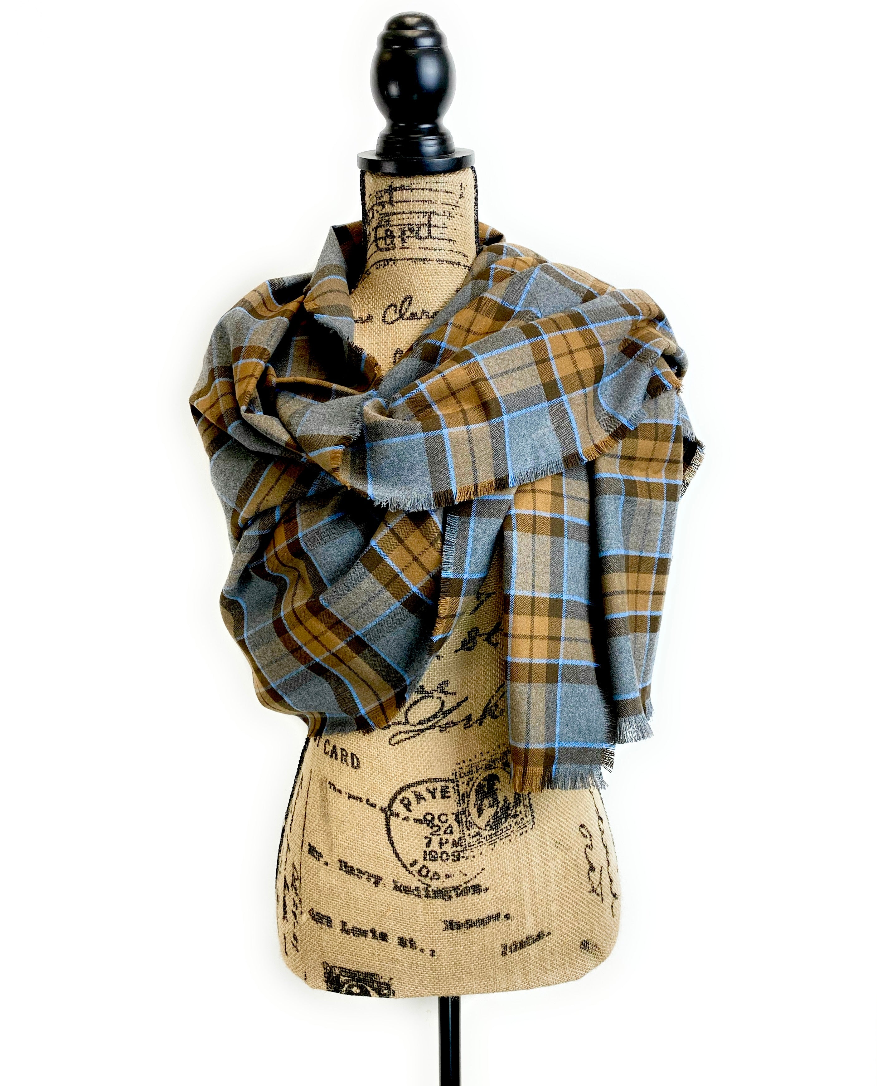 Wrap Size Scarf - Outlander Clan MacKenzie Inspired Gray, Brown and Light Blue Cotton Flannel