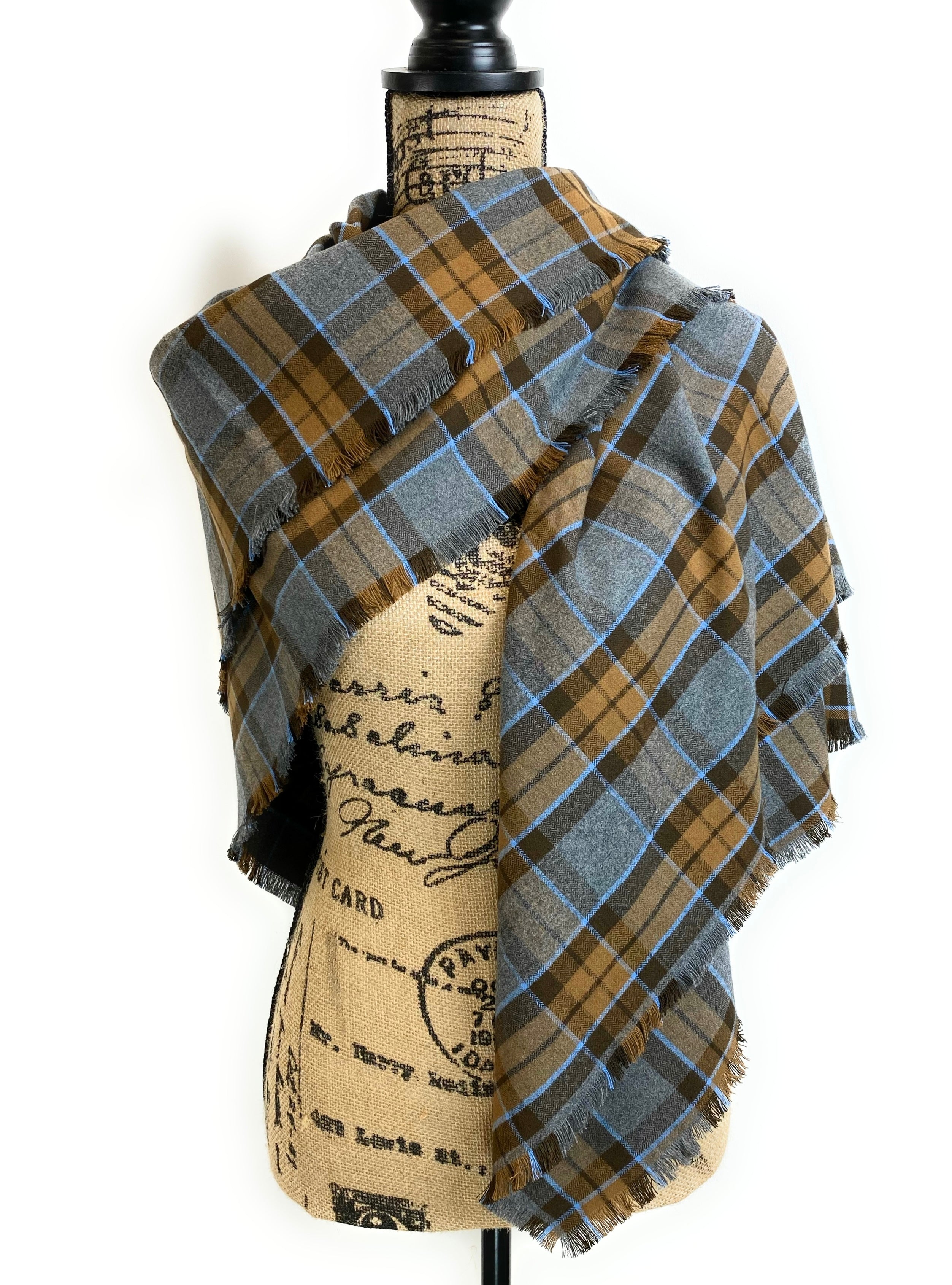 Blanket Scarf - Outlander Clan MacKenzie Inspired Gray, Brown and Light Blue Cotton Flannel