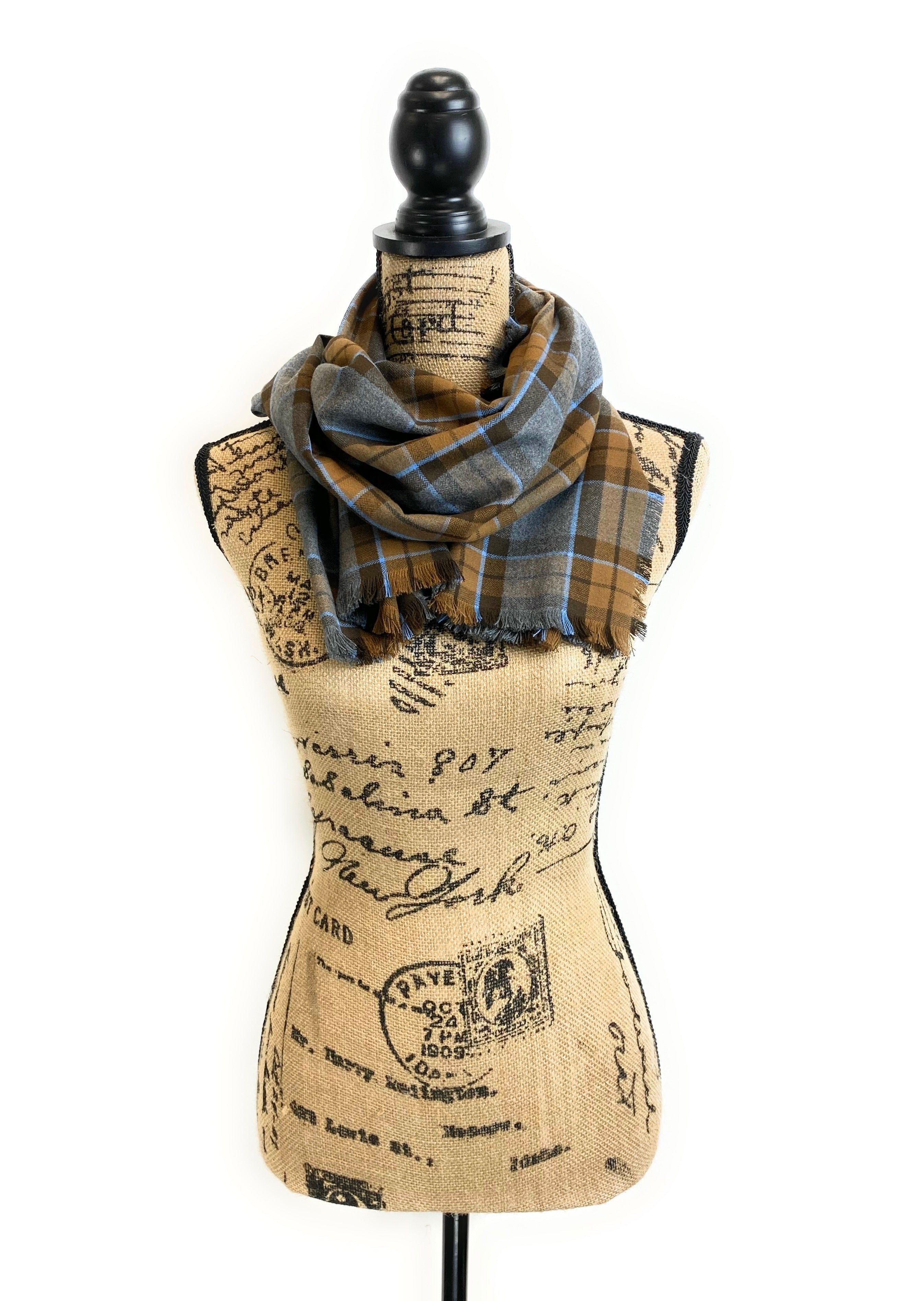 Ascot Scarf - Outlander Clan MacKenzie Inspired Gray, Brown and Light Blue Cotton Flannel