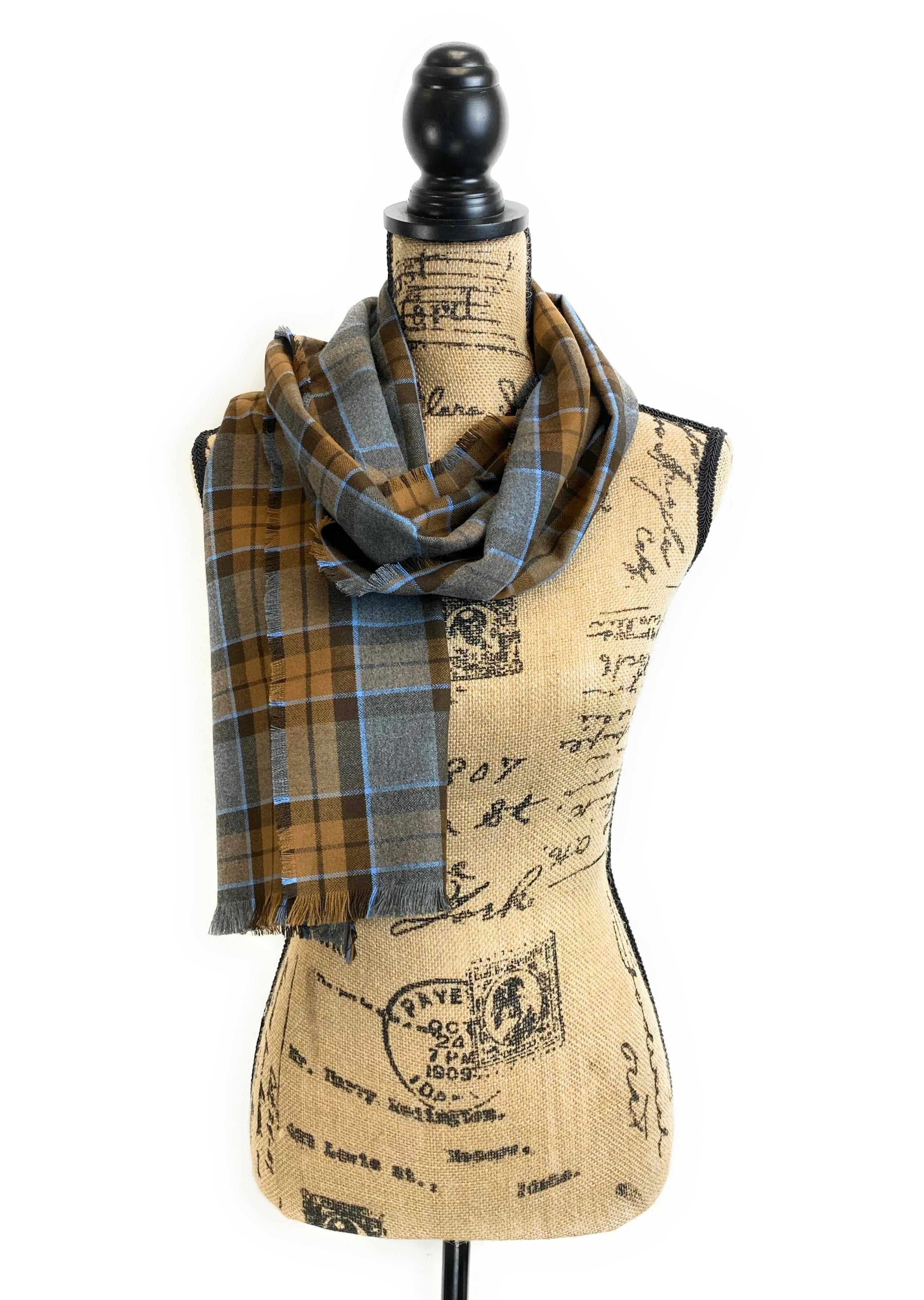 Ascot Scarf - Outlander Clan MacKenzie Inspired Gray, Brown and Light Blue Cotton Flannel