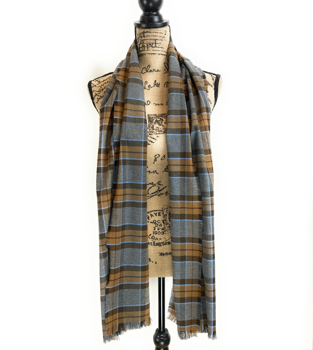 Straight Scarf - Outlander Clan MacKenzie Inspired Gray, Brown and Light Blue Cotton Flannel