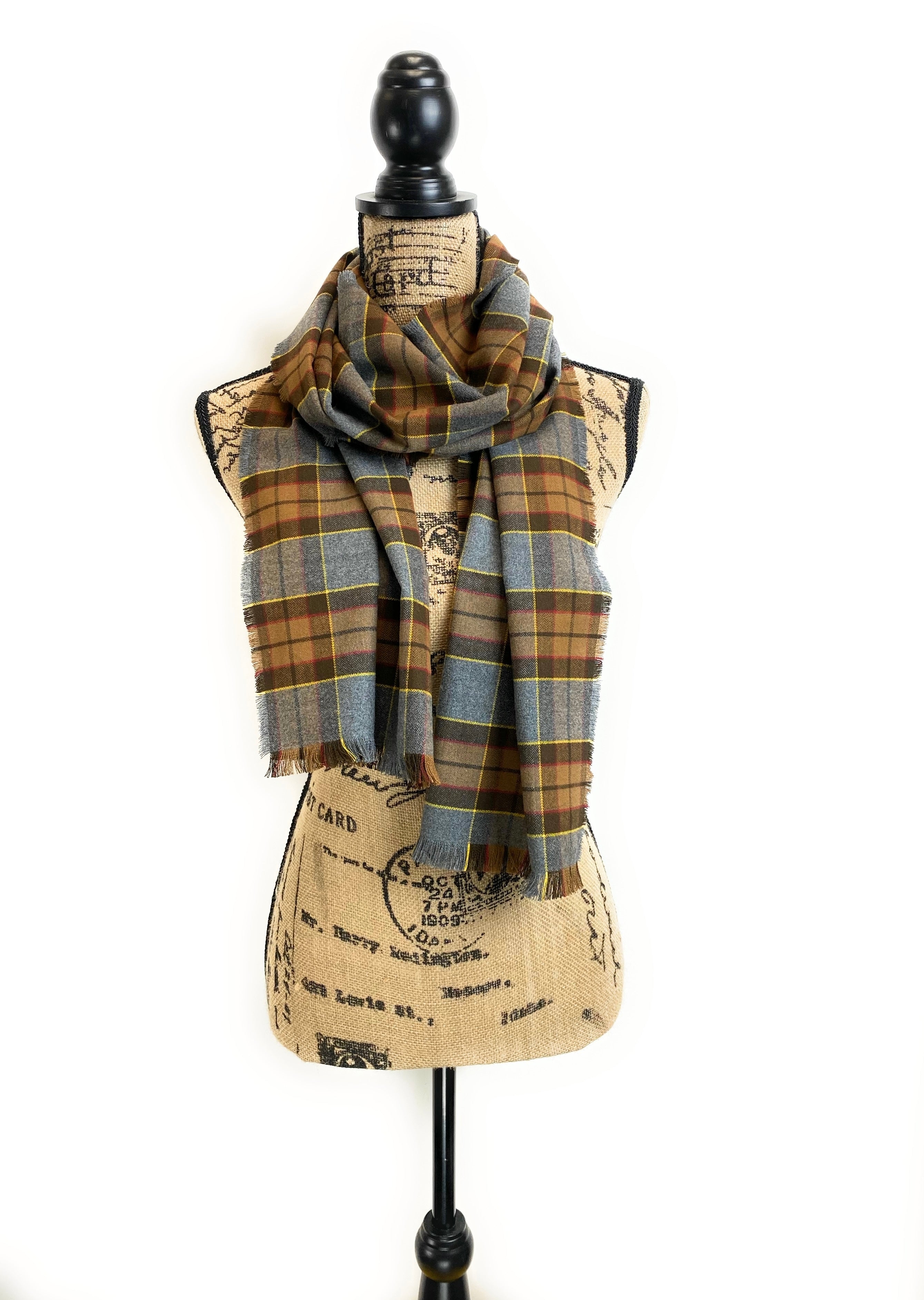 Straight Scarf - Outlander Clan Fraser Inspired Gray, Brown, Yellow, and Red Cotton Flannel