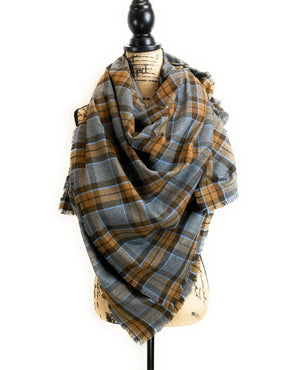 Oversized Blanket Scarf/Earasaid - Outlander Clan MacKenzie Inspired Gray, Brown and Light Blue Cotton Flannel