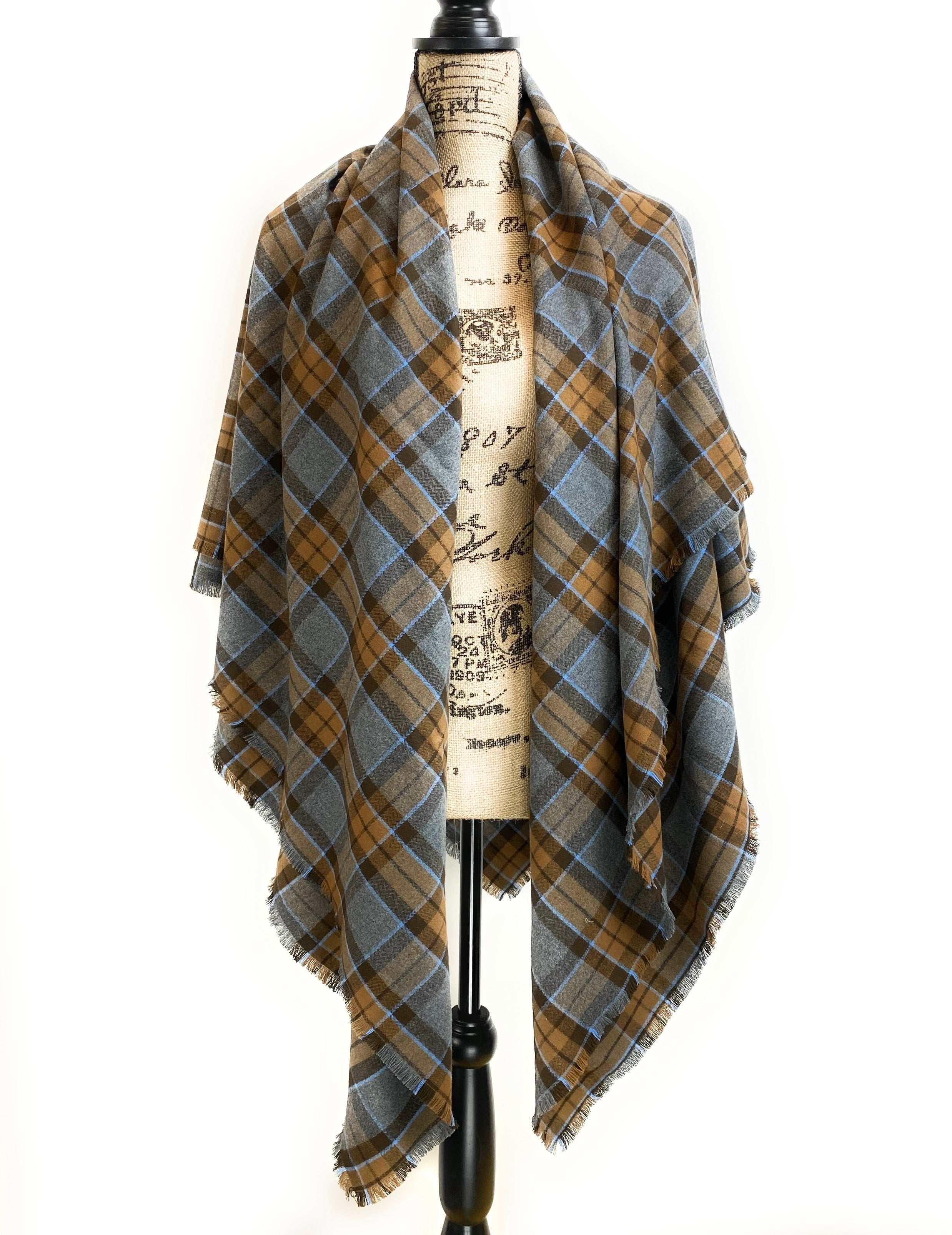 Oversized Blanket Scarf/Earasaid - Outlander Clan MacKenzie Inspired Gray, Brown and Light Blue Cotton Flannel