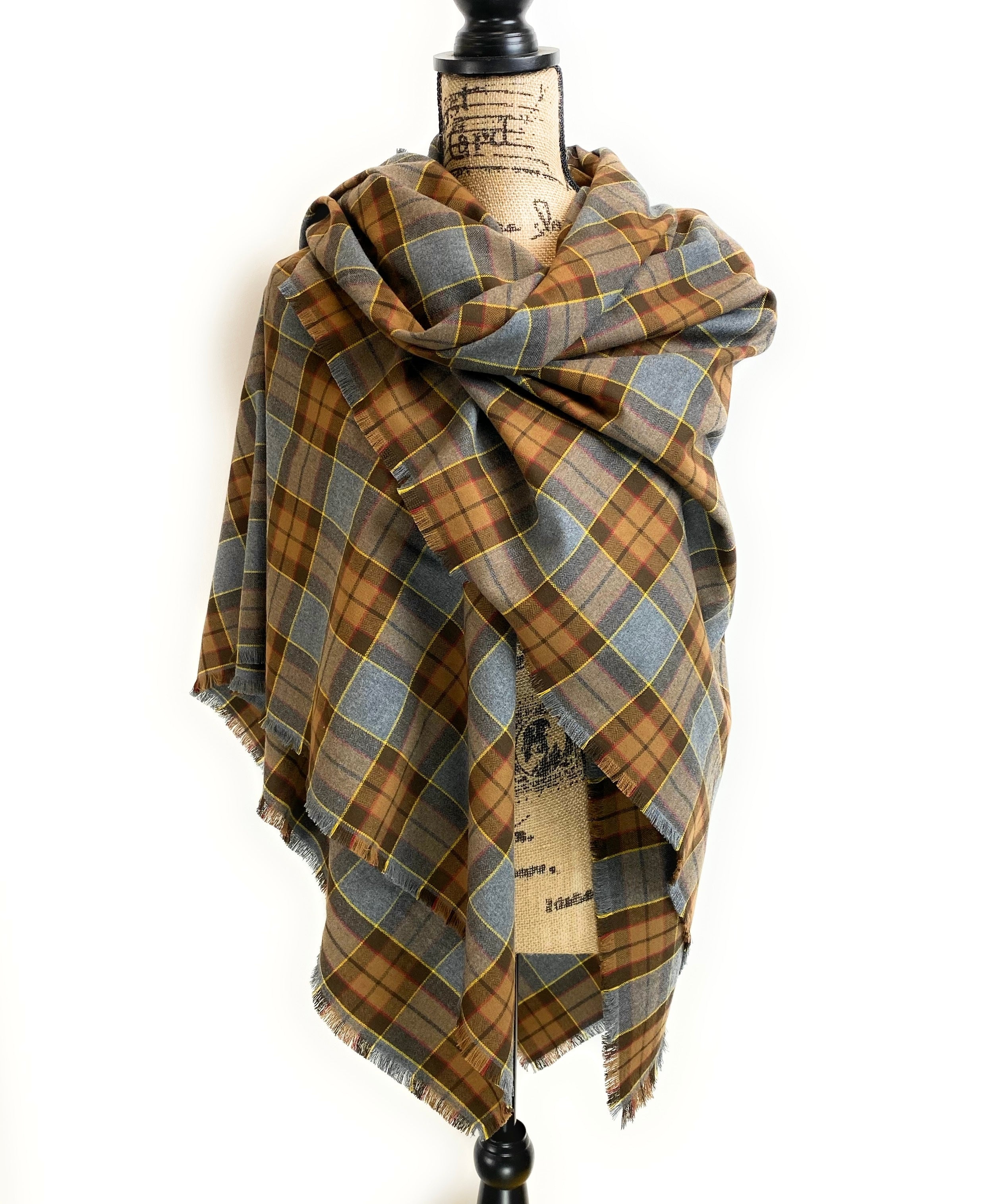 Oversized Blanket Scarf/Earasaid - Outlander Clan Fraser Inspired Gray, Brown, Yellow, and Red Cotton Flannel