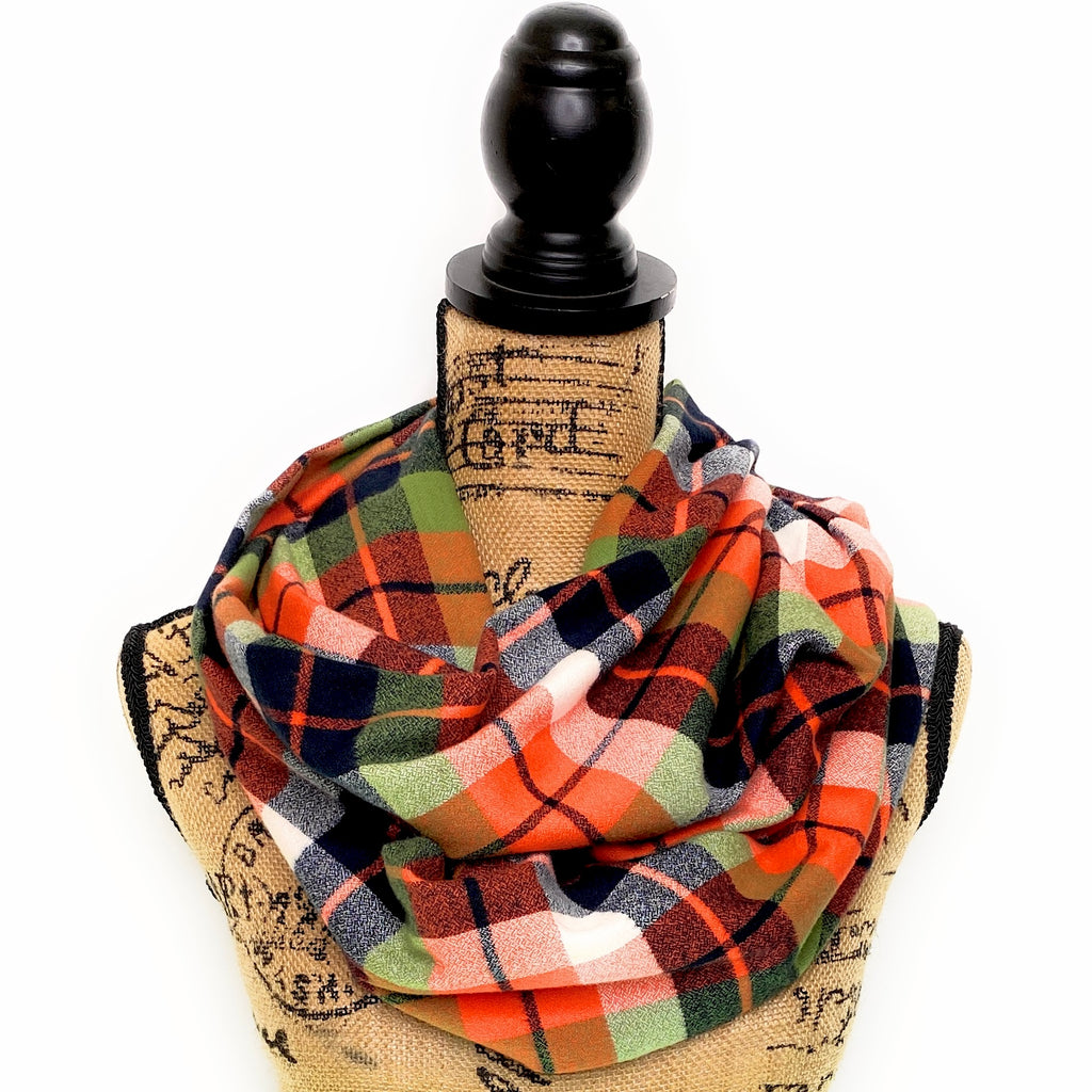Bold Orange with Dusty Apple Green, White and Black Luxe Collection Plaid Infinity and Blanket Scarves
