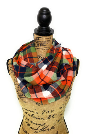 Bold Orange with Dusty Apple Green, White and Black Luxe Collection Plaid Infinity and Blanket Scarves