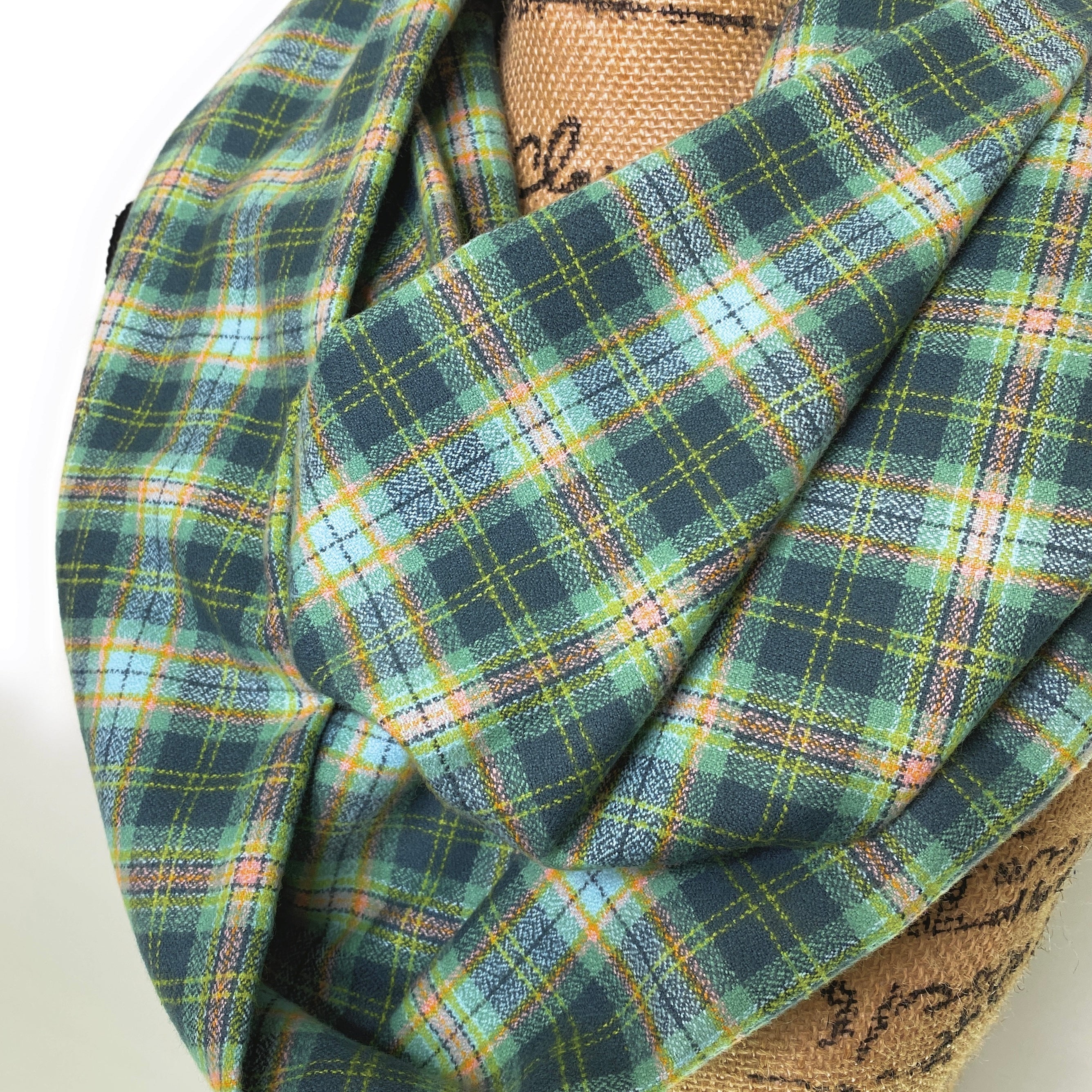 Shades of Cucumber Melon Greens with small accents of Sky Blue, Pink, and Orange Luxe Collection Plaid Infinity and Blanket Scarves