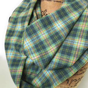 Shades of Cucumber Melon Greens with small accents of Sky Blue, Pink, and Orange Luxe Collection Plaid Infinity and Blanket Scarves