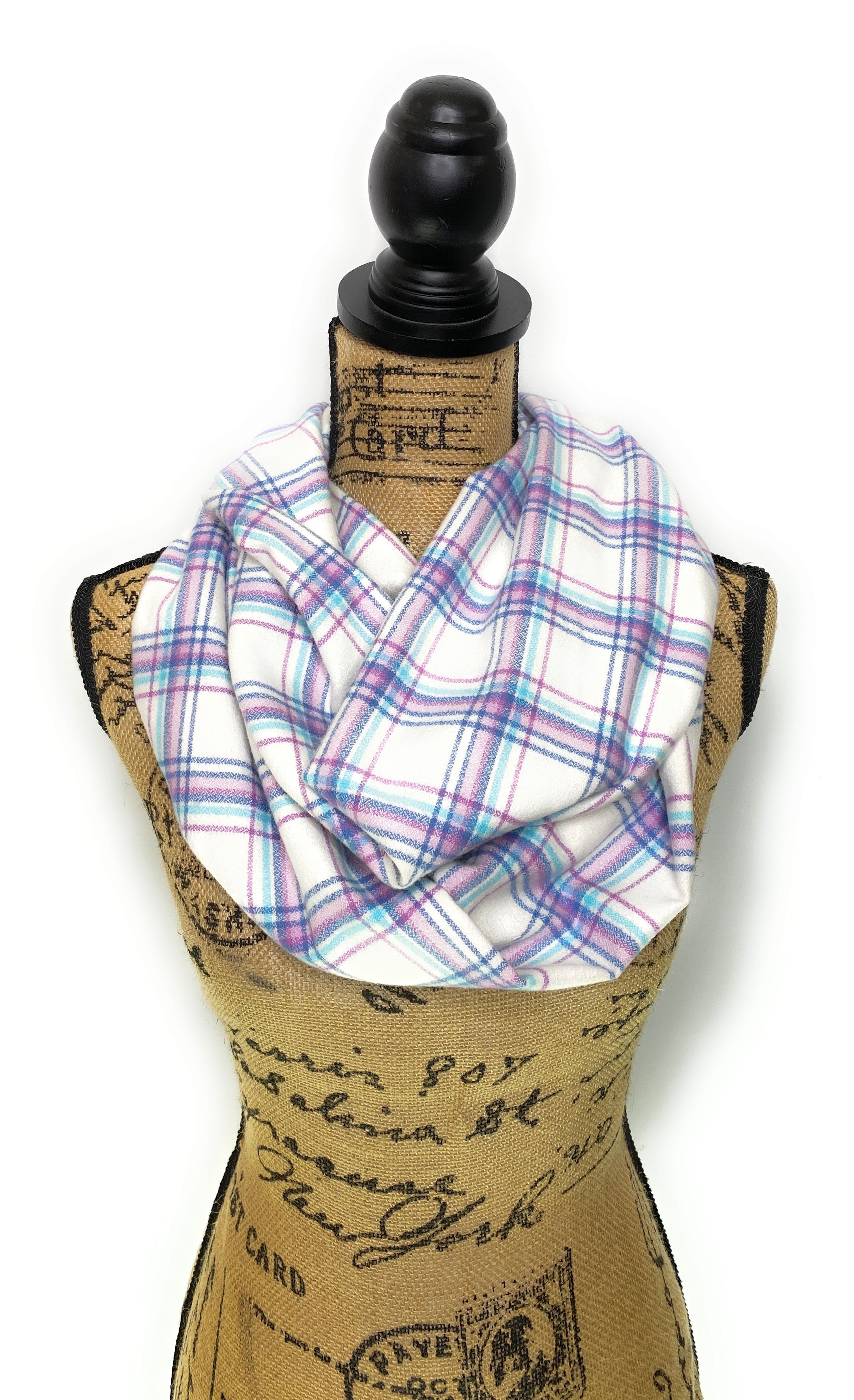 Luxe Collection Shades of Violet Pastels, Dusty Blue and Aqua on White Plaid Infinity and Blanket Scarves