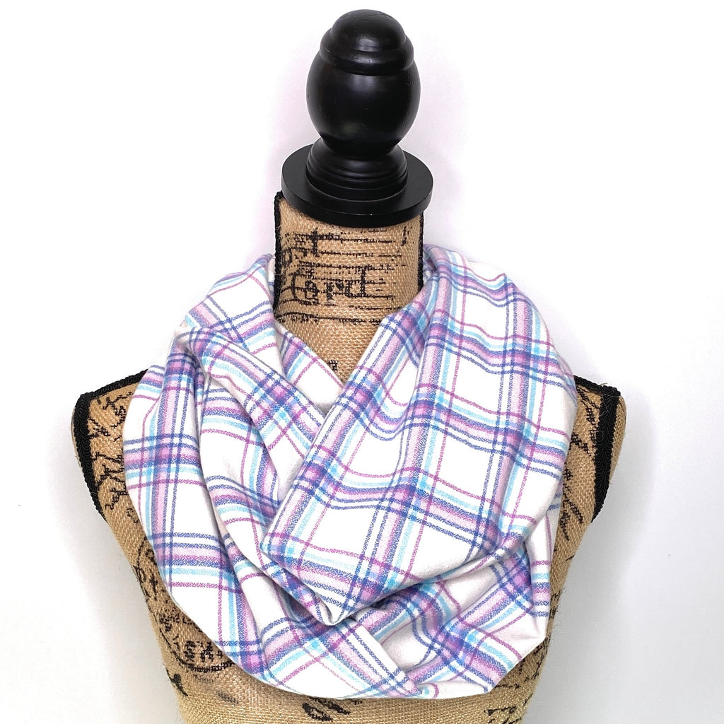 Shades of Violet Pastels, Dusty Blue and Aqua on White Luxe Collection Plaid Infinity and Blanket Scarves