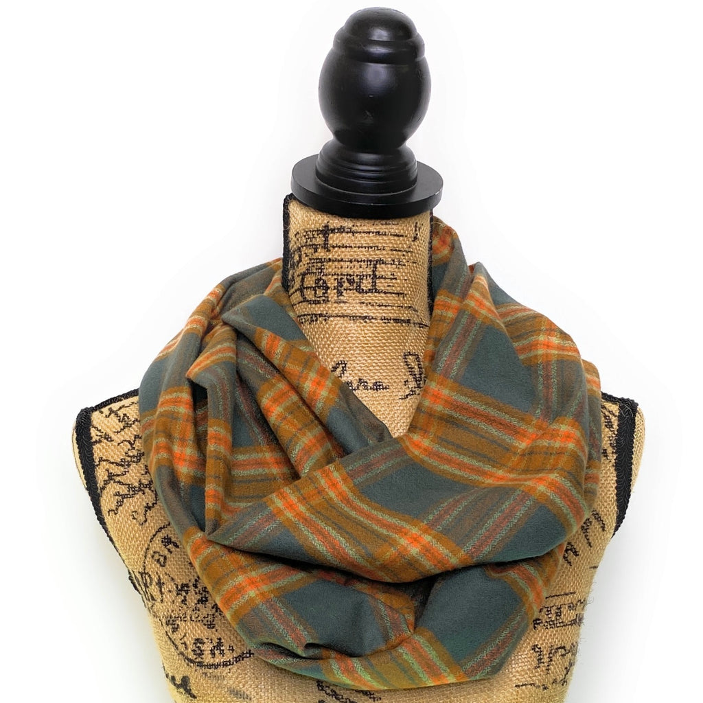 Dusty Deep Teal with Sage and Persimmon Orange Luxe Collection Plaid Infinity and Blanket Scarves