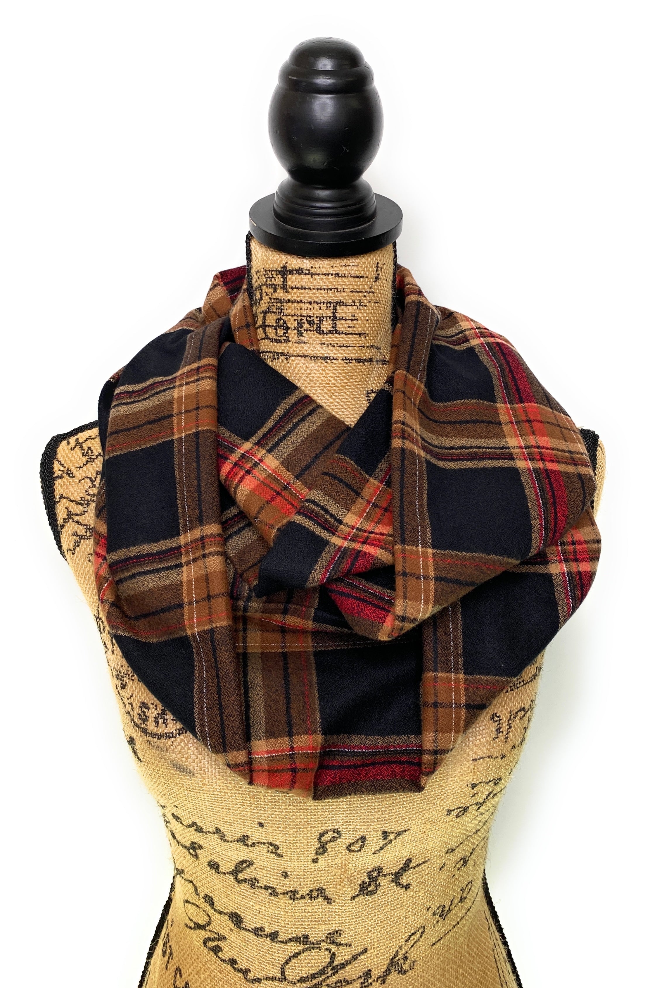 Luxe Collection Black with Coffee Brown and Red Plaid Infinity and Blanket Scarves