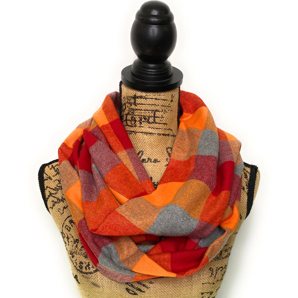 Vibrant Orange, Cherry Red, and Grey Large Block Plaid Infinity and Blanket Scarves