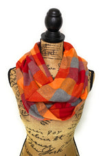 Vibrant Orange, Cherry Red, and Grey Large Block Plaid Infinity and Blanket Scarves