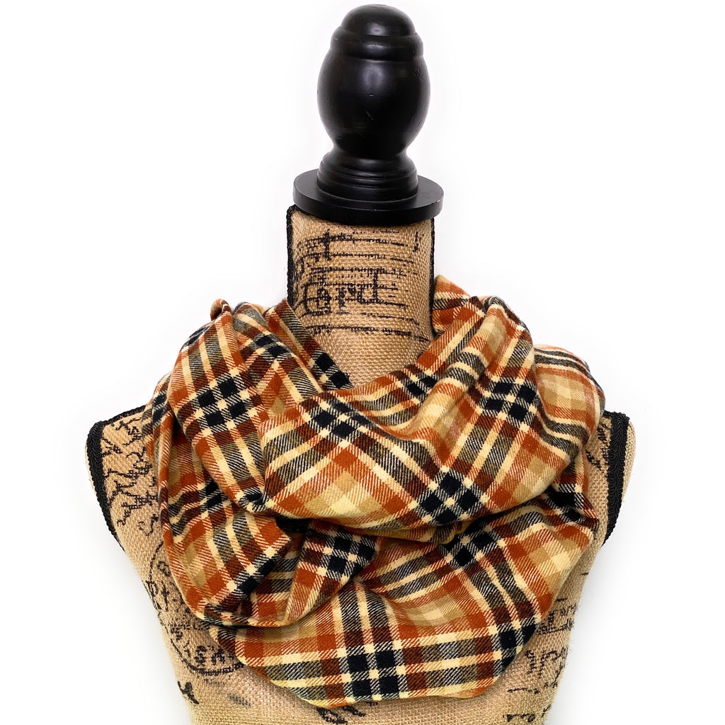 Pumpkin Spice Plaid - Fall Colors of Rusty Orange, Tan, Oatmeal Cream, and Black Plaid Infinity and Blanket Scarves