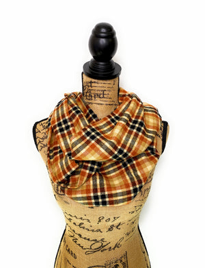 Pumpkin Spice Plaid - Fall Colors of Rusty Orange, Tan, Oatmeal Cream, and Black Plaid Infinity and Blanket Scarves