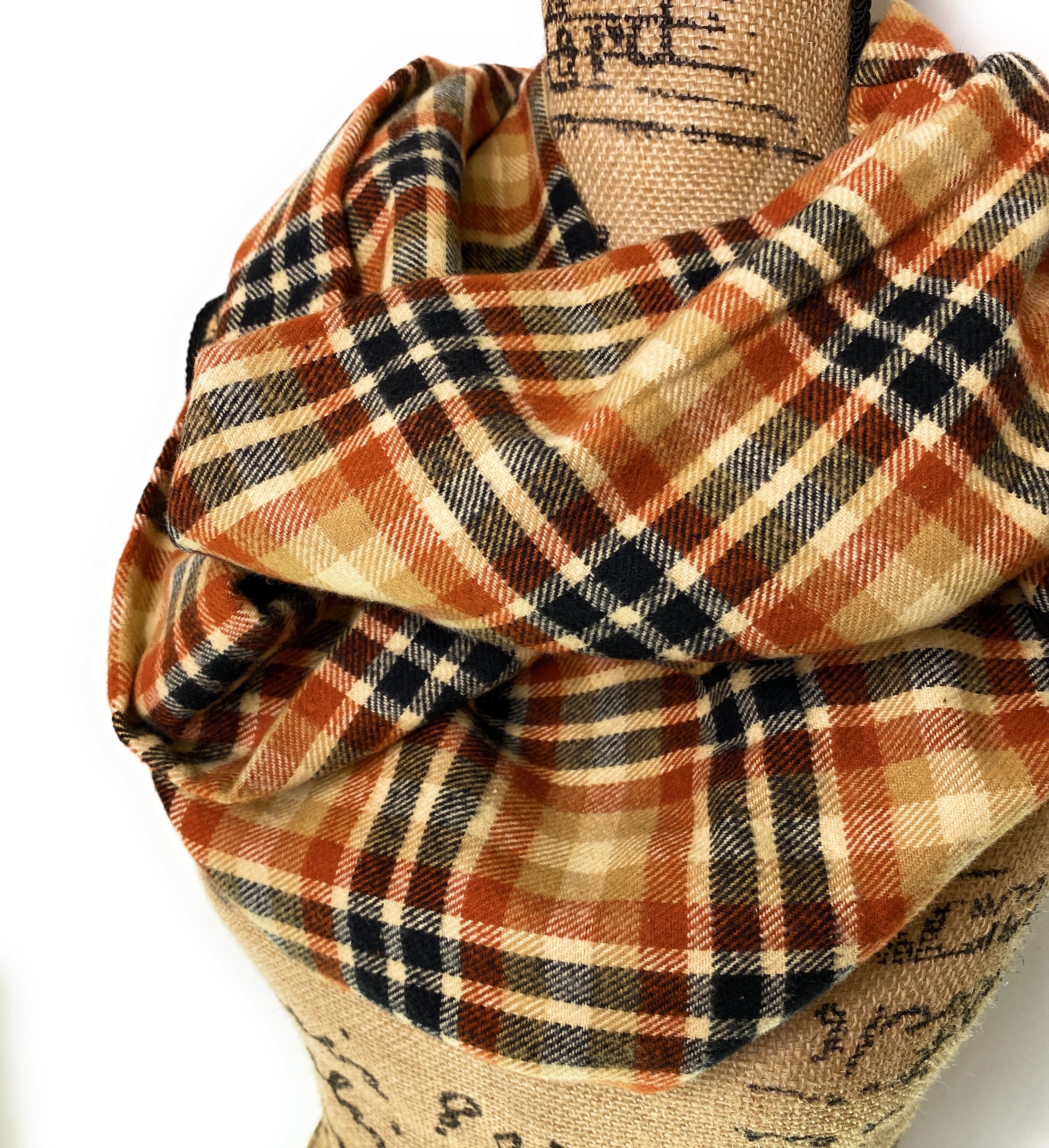 Pumpkin Spice Plaid - Fall Colors of Rusty Orange, Tan, Oatmeal Cream, and Black Plaid Infinity and Blanket Scarves