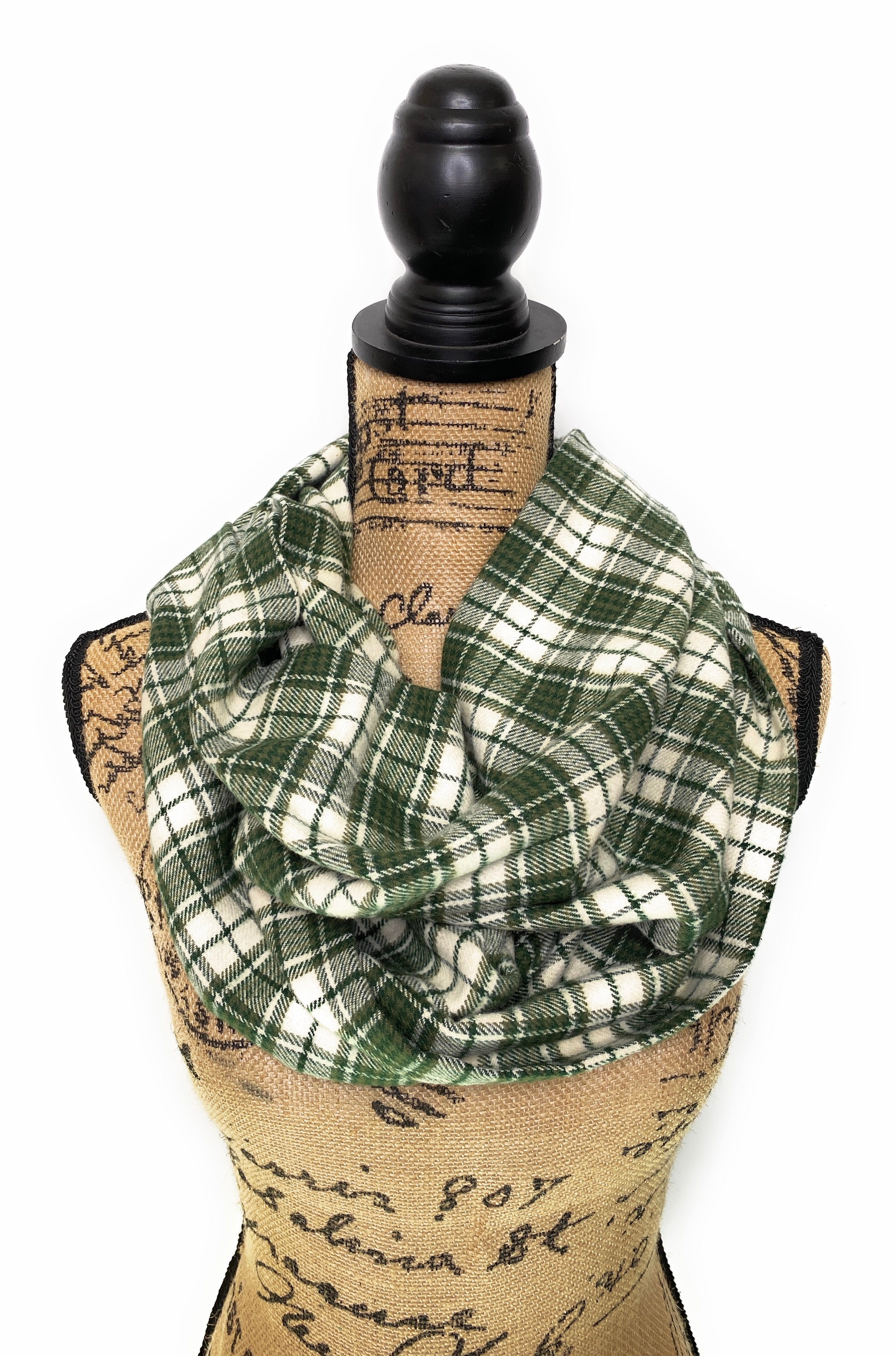 Olive and Forest Green and Oatmeal Cream Plaid Infinity and Blanket Scarves