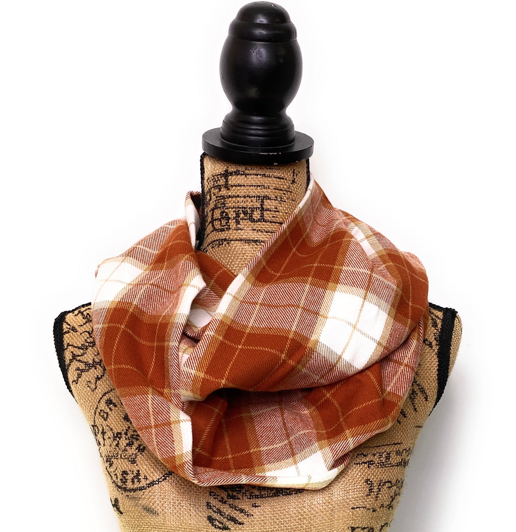 Pumpkin Pie Plaid - Fall Colors of Rusty Pumpkin Orange, Tan, and Whipped Cream White Plaid Infinity and Blanket Scarves