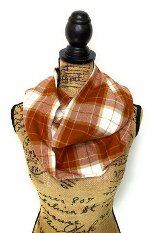 Pumpkin Pie Plaid - Fall Colors of Rusty Pumpkin Orange, Tan, and Whipped Cream White Plaid Infinity and Blanket Scarves