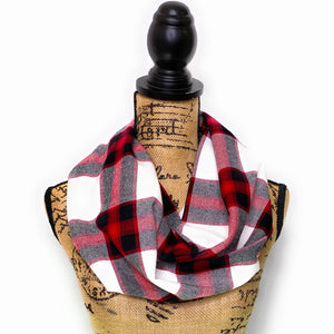 Black and White with Maroon and Cranberry Red Accents Plaid Infinity and Blanket Scarves