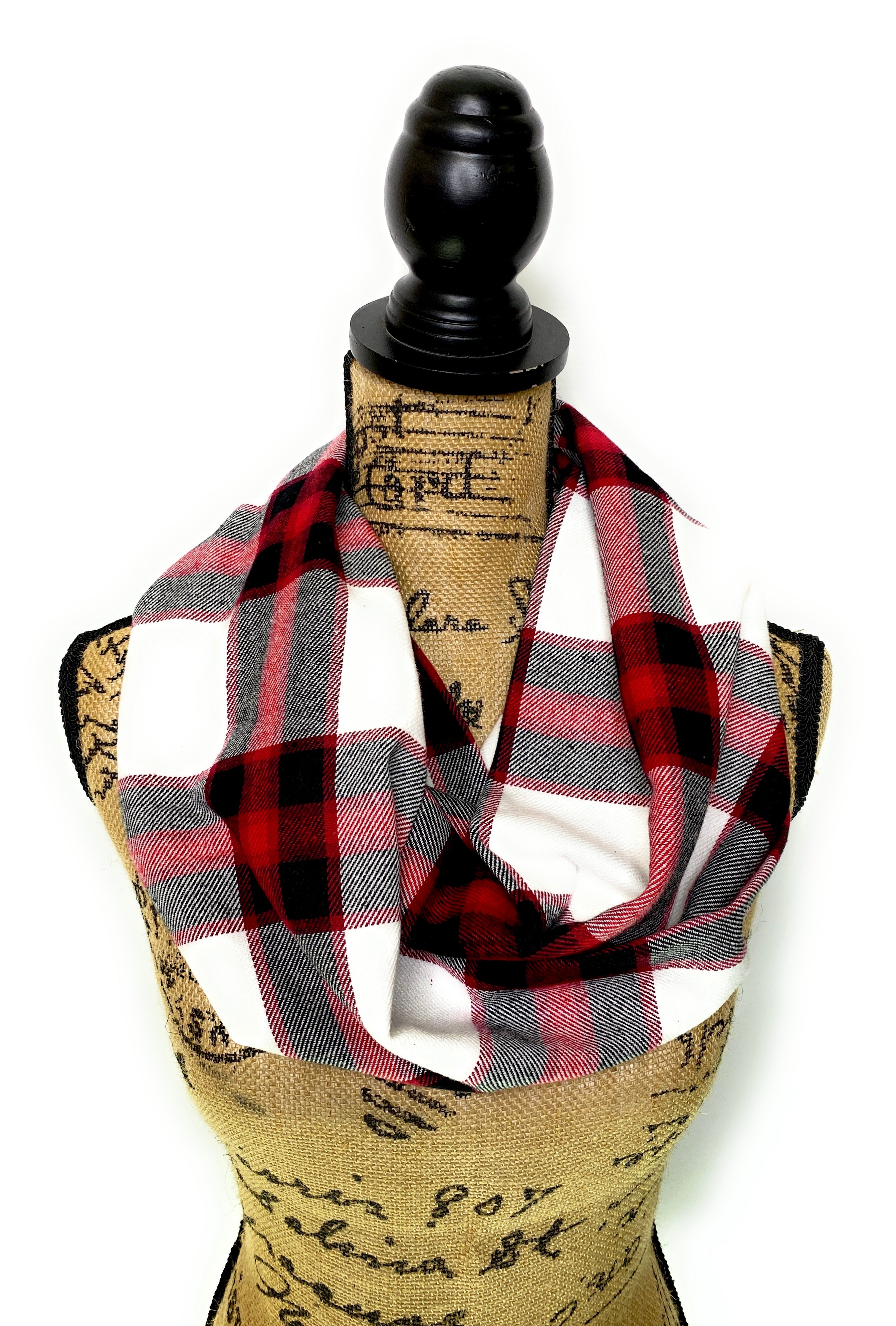 Black and White with Maroon and Cranberry Red Accents Plaid Infinity and Blanket Scarves
