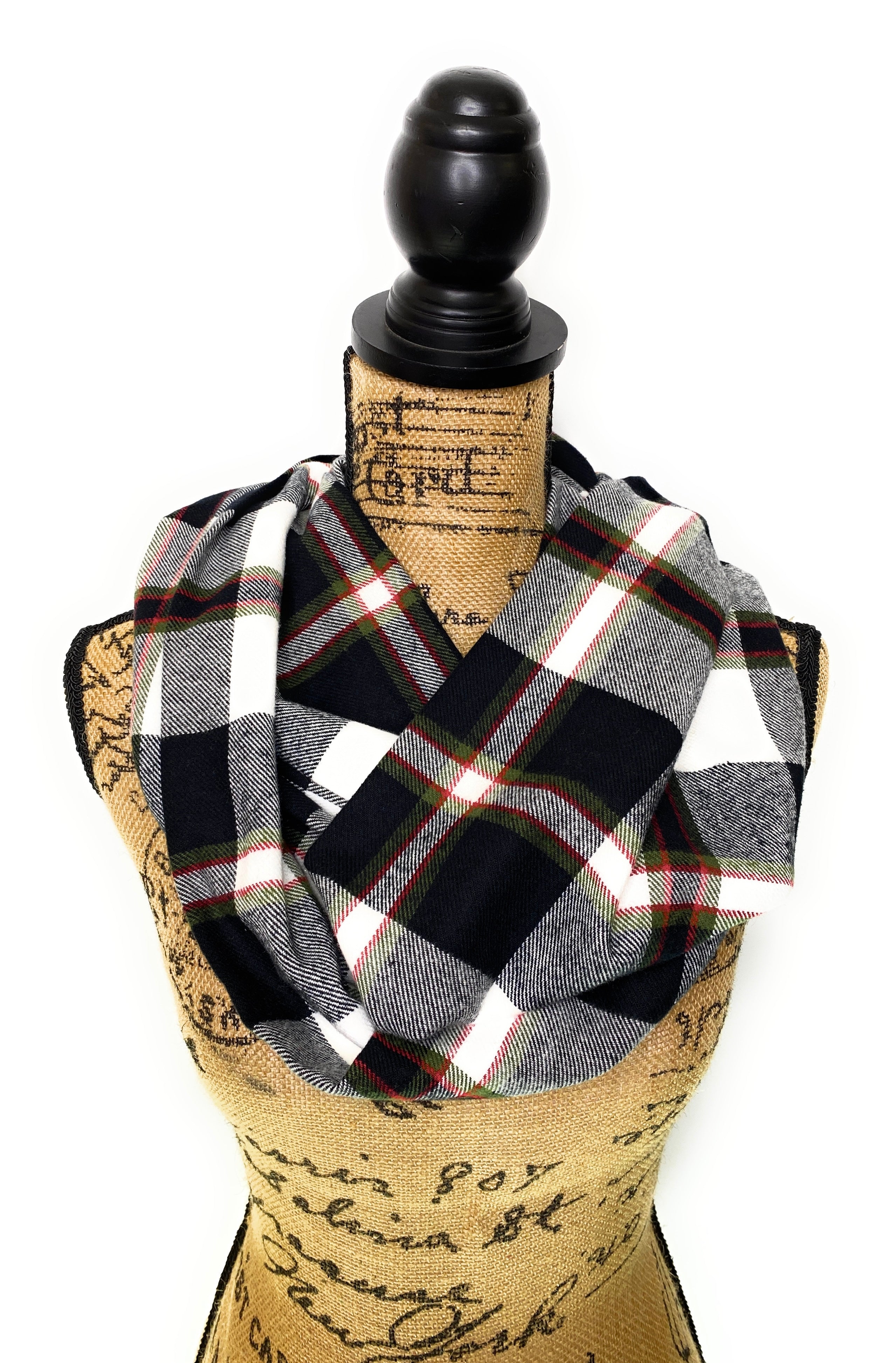Black and White with Mossy Green and Red Accents Plaid Infinity and Blanket Scarves