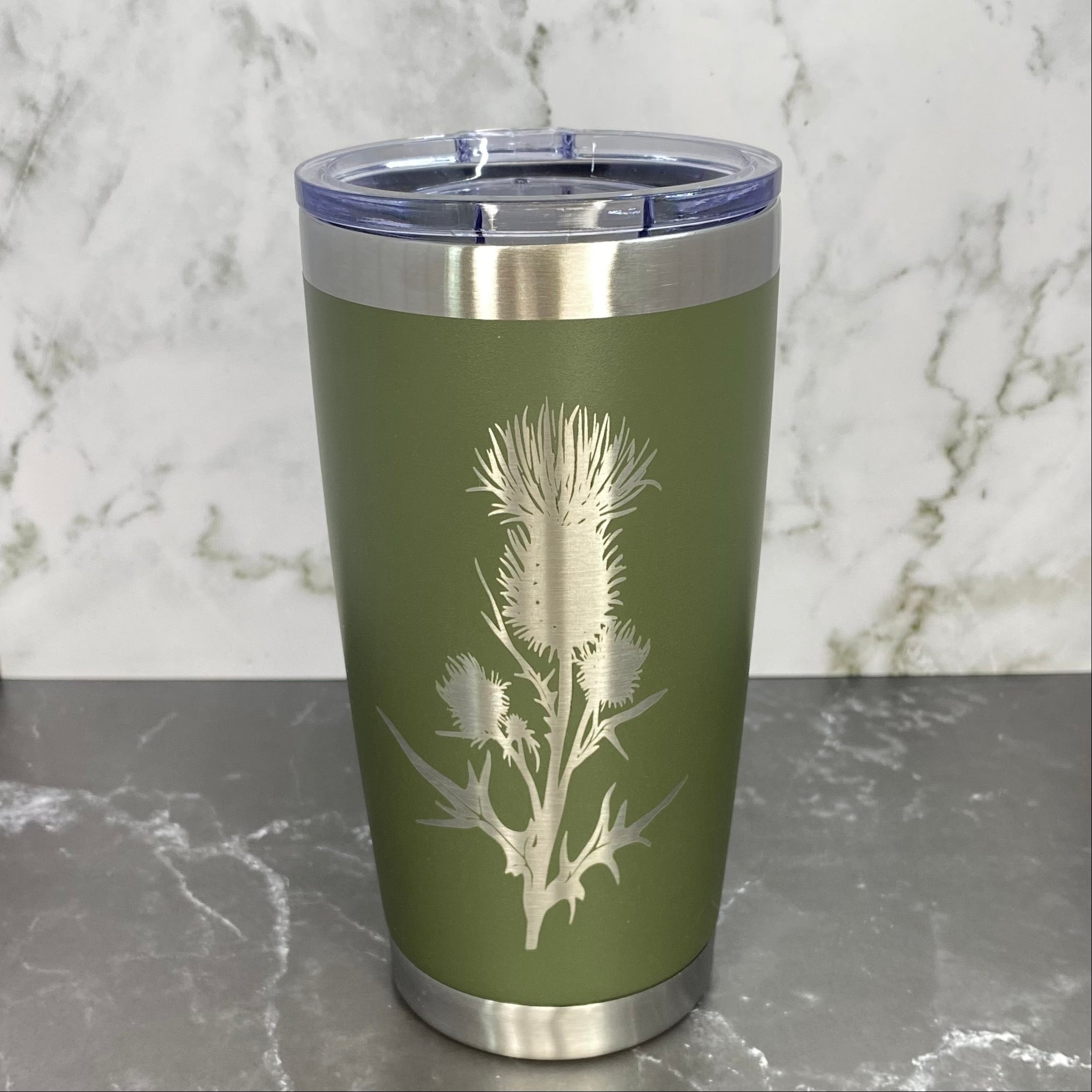 Scottish Thistle Flower Laser Engraved Powder Coated 20oz Double Walled Insulated Tumbler