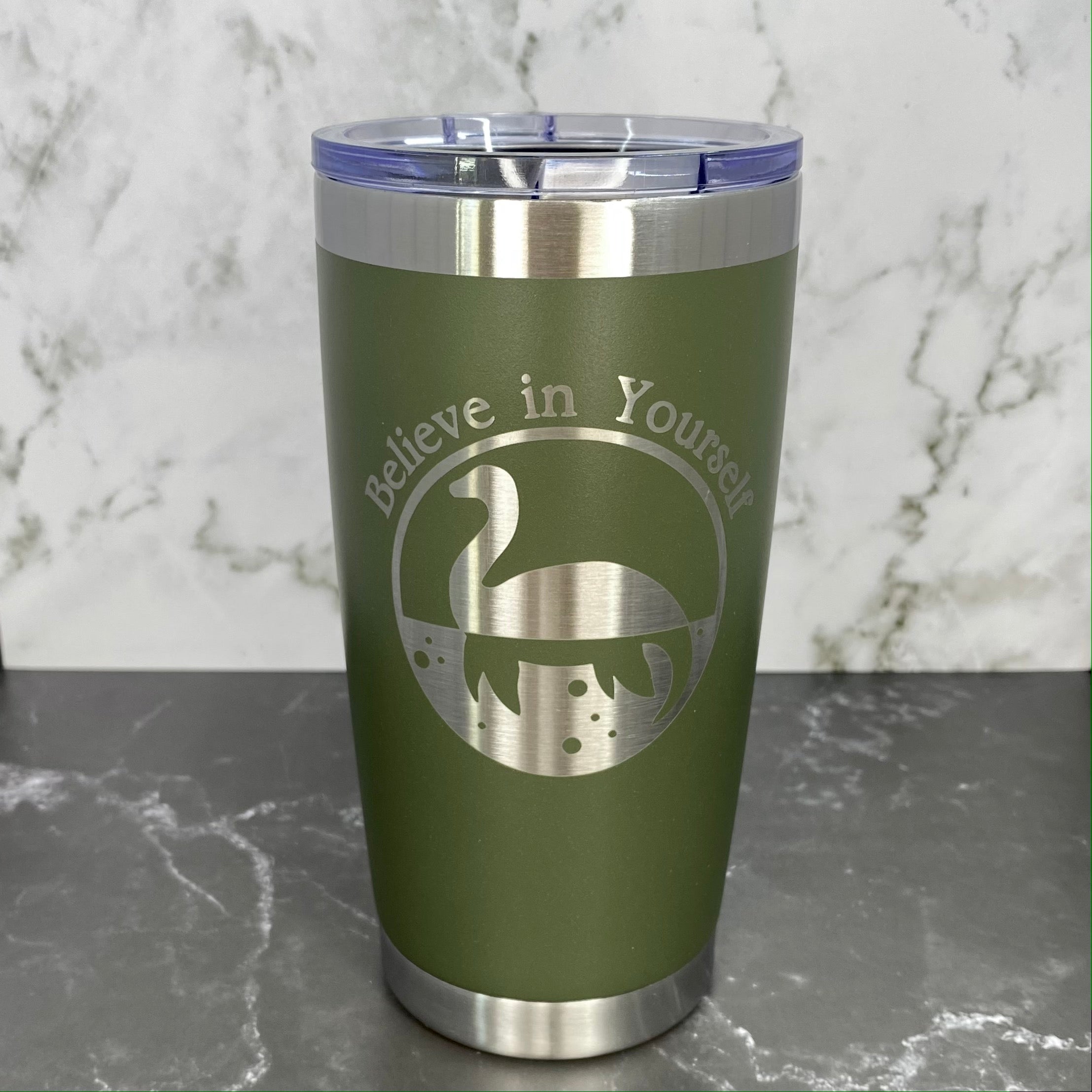 Believe in Yourself Nessie the Loch Ness Monster Laser Engraved Powder Coated 20oz Double Walled Insulated Tumbler