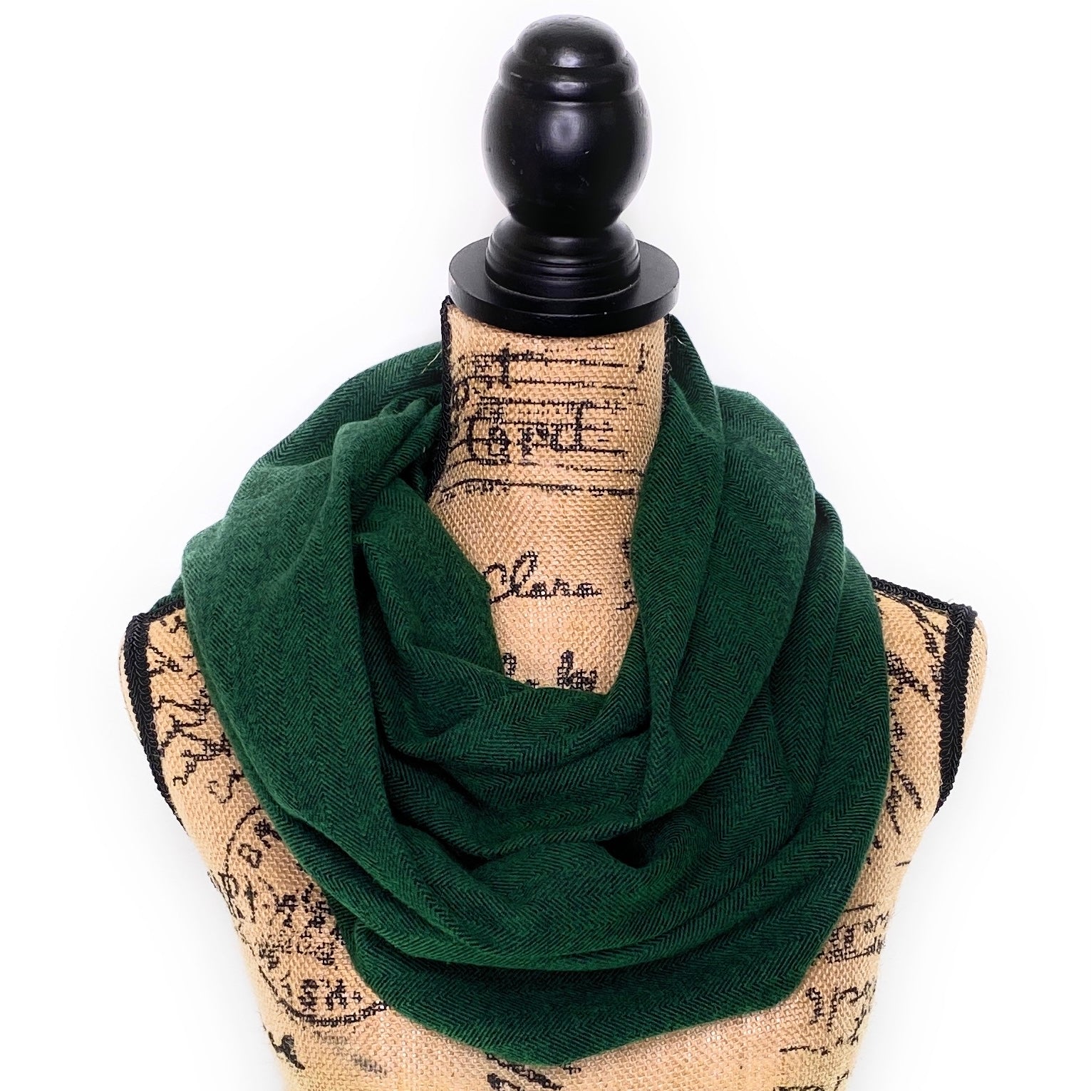 Hunter Forest Green and Black Herringbone Weave Plaid Infinity and Blanket Scarves