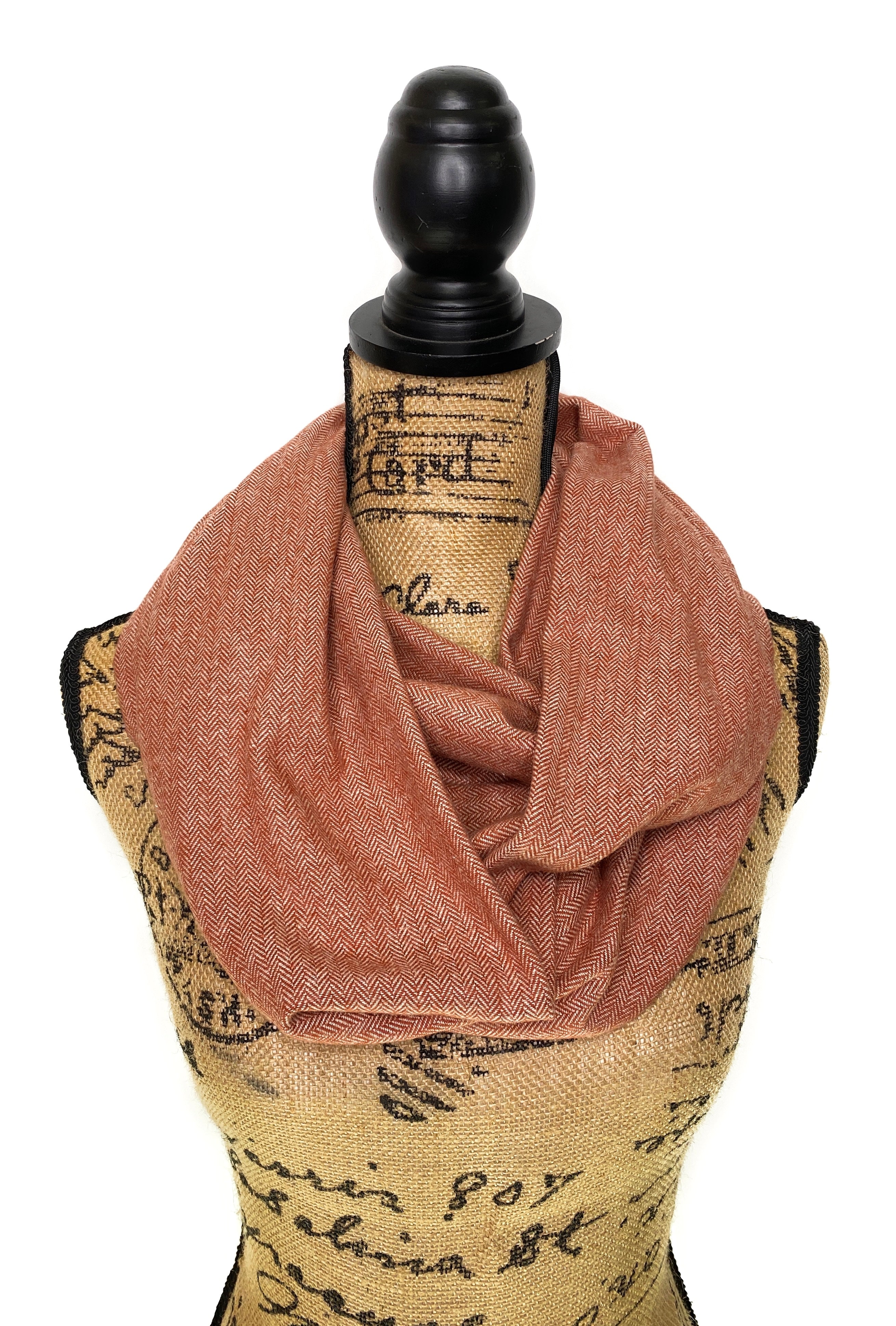 Persimmon Red-Orange and Cream Herringbone Weave Plaid Infinity and Blanket Scarves