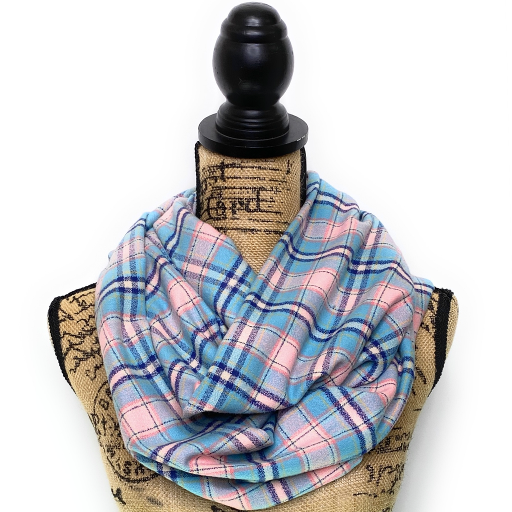 Robin's Egg Blue, Pink, and Navy Luxe Collection Plaid Infinity and Blanket Scarves