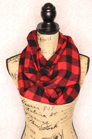 Classic Buffalo Plaid Red and Black Checked Lumberjack Flannel Plaid Infinity Scarf Lightweight Tartan Wrap