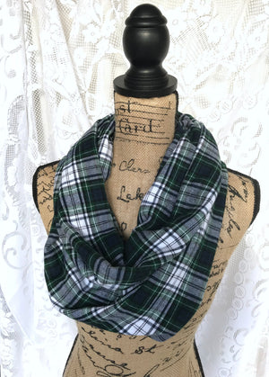 Tartan in Forest Green, Navy Blue, and White Flannel Plaid Infinity or Blanket Scarf Classic Tartan Wrap Shawl Cowl