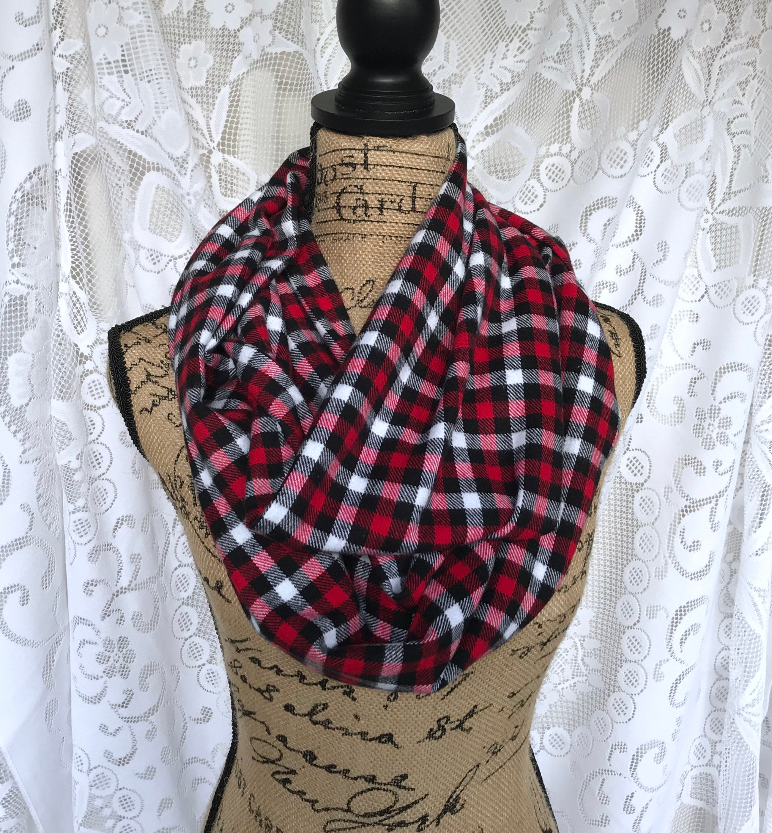 Red, White, Black, and Gray Small Check Plaid Flannel Infinity Scarf Tartan Wrap Buffalo Gingham Shawl