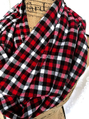 Red, White, Black, and Gray Small Check Plaid Flannel Infinity Scarf Tartan Wrap Buffalo Gingham Shawl