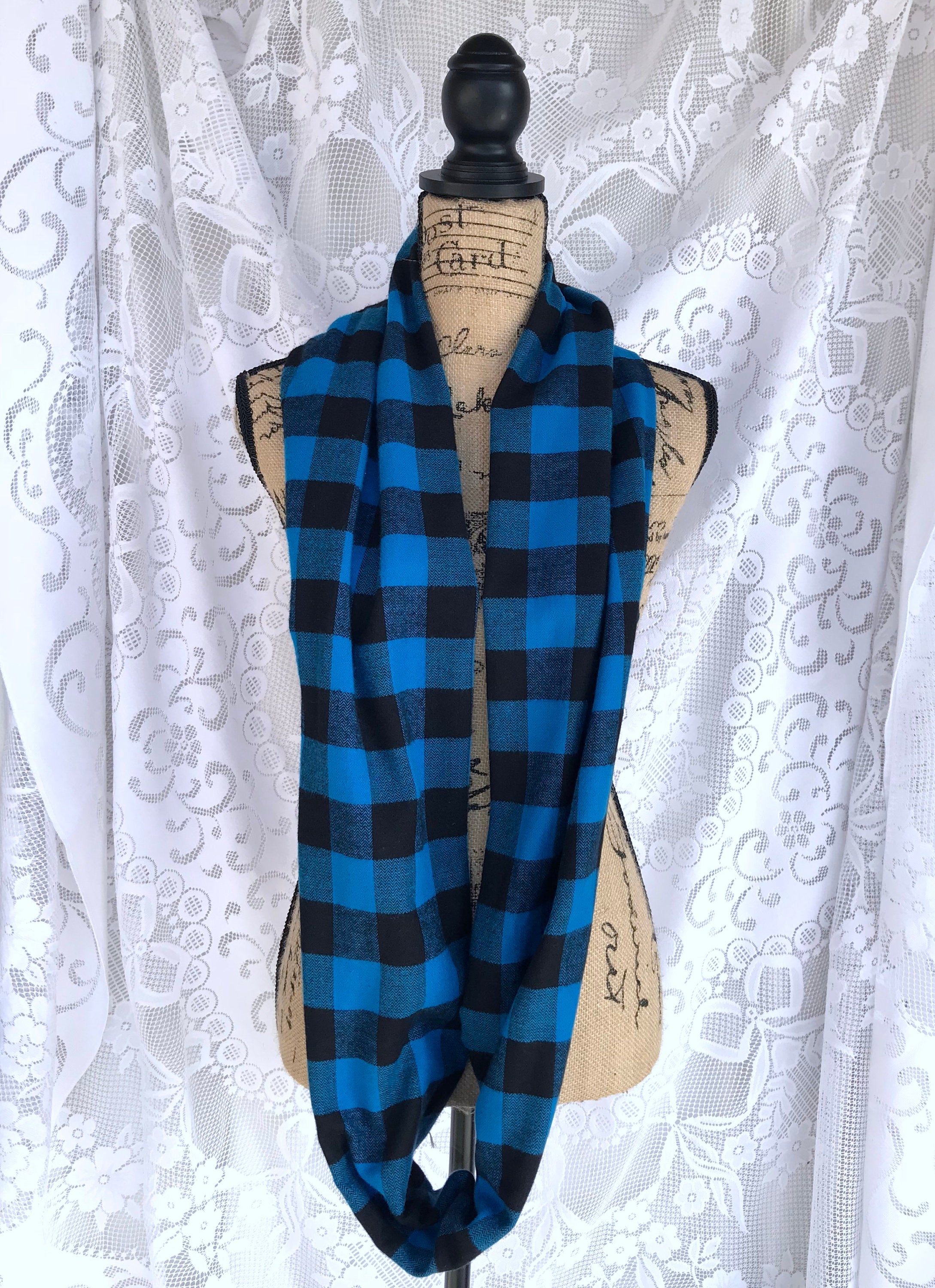 Blue and Black Buffalo Plaid Lightweight Flannel Plaid Infinity or Blanket Scarf